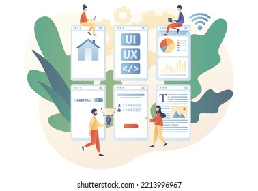Páginas de diseño de UI-UX Web. Desarrollo de aplicaciones móviles, diseño de aplicaciones, codificación, concepto de construcción web. Estilo moderno de dibujos animados planos. Ilustración del vector sobre fondo blanco