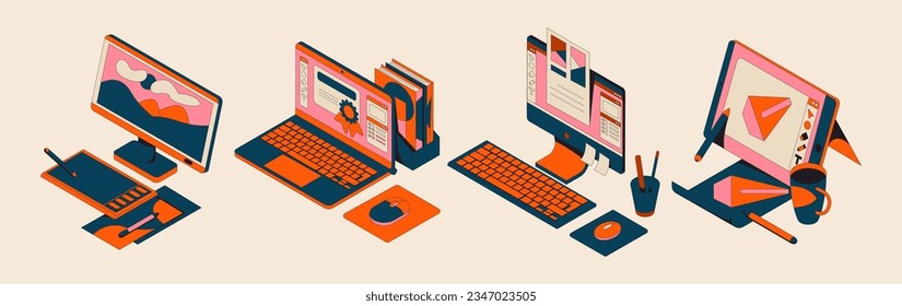 Web UI-UX graphic design. Designer workplace concept. Laptop and isometric drawing program. prosky style retro old computer style