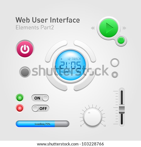 Web User Interface Elements Of Design Part 2: Timer, Buttons, Progress Bar, Knobs, Switch, On, Off, Player, Play, Stop, Power, Track, Watch, Volume, Website