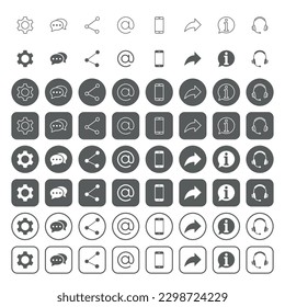 Web user interface icons. icon set contains such icons as gear, speech bubble, share sign, 'at' symbol, smart phone, contact us, headset.