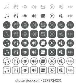 Symbole der Webbenutzeroberfläche. Icon-Set enthält Symbole wie Musik-Note, Sound-Mixer, Lautsprecher, Play-Taste, Stummschaltfläche, Schallwelle