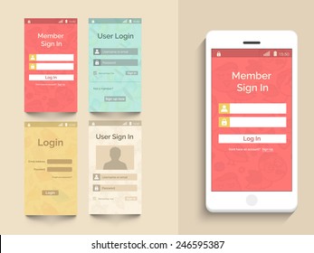 Web user interface with login feature in four color choice for mobile with smartphone presentation on beige background.