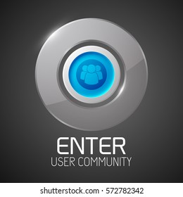 Web user interface template with gray glossy circle blue round button and community icon isolated vector illustration