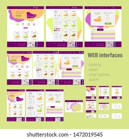 Web users interfaces set, modern design internet templates for creating websites: desktop, tablet ,smartphone, watch, for example online Shoe store. Main page, filter, product card. Vector.