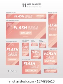Web vector banner template fashion beauty makeup style. In In color background of blush, light pink shades. Flash Sale banners ad promotions in different sizes.