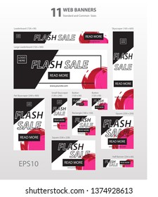 Web vector banner template fashion beauty makeup style. In In color background of red, pink and black. Flash Sale banners ad promotions in different sizes.