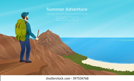 Web vector banner with  traveller on the topic of climbing. Flat modern vector illustration on the theme outdoor recreation, adventures in nature.