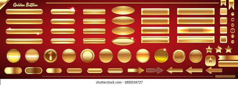 Web vector golden and bronze buttons, stars, ribbons, labels, frames, arrows and badges collection isolated on classic red background. Christmas golden buttons set isolated on classic red background