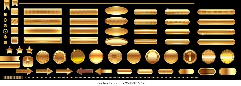 Web vector golden and bronze buttons, stars, ribbons, labels, frames, arrows and badges collection isolated on black background. Christmas golden buttons set isolated on black background