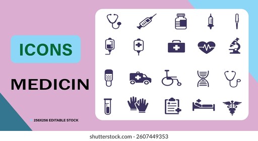 Web vector icons set design with business, medical, and social symbols with editable all