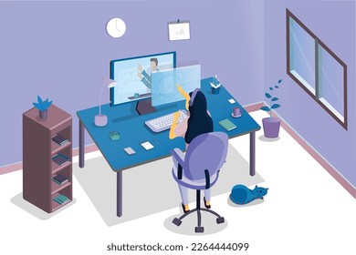Web vector illustration of female student learning at home and sitting on chair at table using online education platform with digital learning materials