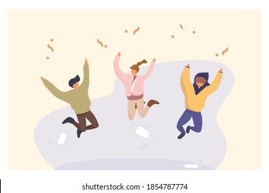 Web Vector illustration of Happy cheerful characters flat design. young friends happy and jump high after Covid-19 vaccine was ready to contribute luanched.take off the mask.Free from pendemic