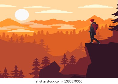 Web vector illustration on the theme of Climbing, Trekking, Hiking, Walking. Sports, outdoor recreation, adventures in nature, vacation. Wanderlust. Downshifting. Retro flat poster.