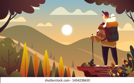 Web vector  illustration on the theme of Climbing, Trekking, Hiking, Walking. Sports, outdoor recreation, adventures in nature, vacation. Wanderlust. Downshifting. A Man and a cat are travelling.