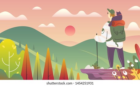 Web vector  illustration on the theme of Climbing, Trekking, Hiking, Walking. Sports, outdoor recreation, adventures in nature, vacation. Wanderlust. Downshifting. A Man and a cat are travelling. #4