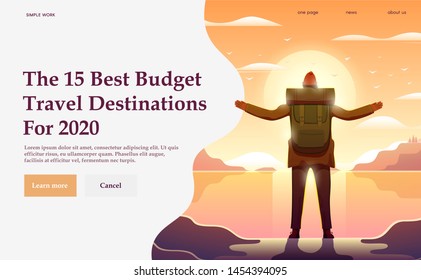 Web vector  illustration on the theme of Climbing, Trekking, Hiking, Walking. Sports, outdoor recreation, adventures in nature, vacation. The best budget travel destinations. A Man look at the sun.