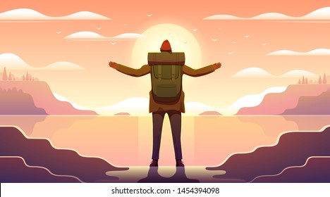 Web vector  illustration on the theme of Climbing, Trekking, Hiking, Walking. Sports, outdoor recreation, adventures in nature, vacation. Wanderlust. Downshifting. A Man look at the sun.