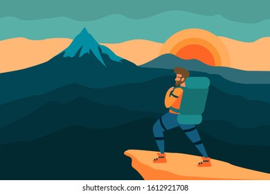 Web vector illustration on the theme of Climbing, Trekking, Hiking, Walking. Sports, outdoor recreation, adventures in nature, vacation. Wanderlust. Downshifting. Retro flat poster.