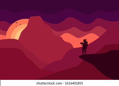 Web vector illustration on the theme of Climbing, Trekking, Hiking, Walking. Sports, outdoor recreation, adventures in nature, vacation. Girl with camera and backpack photo the sunset ot sunrise.