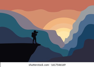 Web vector illustration on the theme of Climbing, Trekking, Hiking, Walking. Sports, outdoor recreation, adventures in nature, vacation. Girl with camera and backpack photo the sunset ot sunrise.