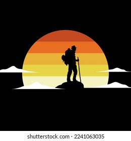 Web vector illustration on the theme of Climbing, Trekking, Hiking, Walking. Sports, outdoor recreation, adventures in nature, vacation. Wanderlust. Downshifting. Retro flat poster.