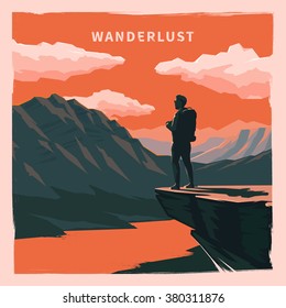 Ilustração vetorial da Web sobre o tema Escalada, Trekking, Caminhada, Caminhada. Esportes, recreação ao ar livre, aventuras na natureza, férias. Wanderlust. Diminuindo. Cartaz plano retrô.