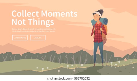 Web vector  illustration on the theme of Climbing, Trekking, Hiking, Walking. Sports, outdoor recreation, adventures in nature, vacation. Wanderlust. Downshifting. The girl looks into the distance.