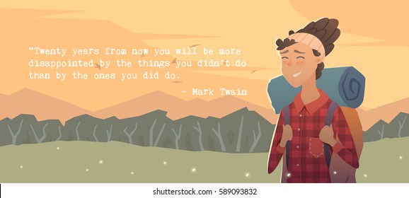 Web vector illustration on the theme of Climbing, Trekking, Hiking, Walking. Sports, outdoor recreation, adventures in nature, vacation. Wanderlust. Downshifting. The girl looks into the distance. #2