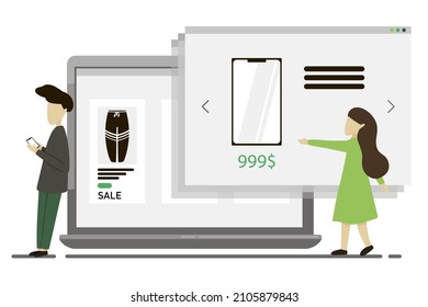 Web vector illustration online shopping market, sale clothes phone browser notebook simple man woman 