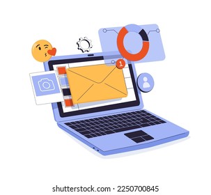 Web Vector Illustrations. Mail service concept. Computer with open pages. Mail service and correspondence delivery. design, banner, mobile app, landing page, vector flat design. E-mail message, mail