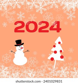 Web. VeHappy New Year greeting card with a snowman in a hat and a decorated Christmas tree. Peach background with decorative snowflakes. Vector illustrationctor illustration