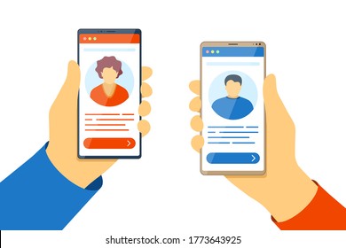 Web video mobile conference. Man and woman use video call on smartphone screens. Online meeting or dating concept. Communication app vector eps flat design