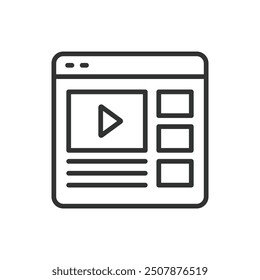 Web Video player, in line design. Video player, Play button, Web interface, Streaming, Full screen, Progress bar on white background vector. Web Video player editable stroke icon.