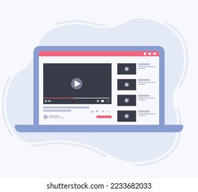 Web video player template social media on laptop screen. laptop with video player on screen. Watch movies, educational materials, web courses. Vector illustration