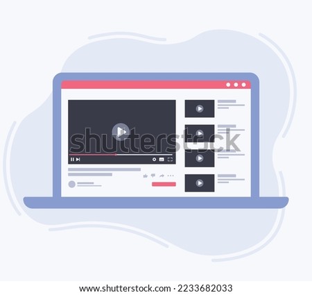 Web video player template social media on laptop screen. laptop with video player on screen. Watch movies, educational materials, web courses. Vector illustration