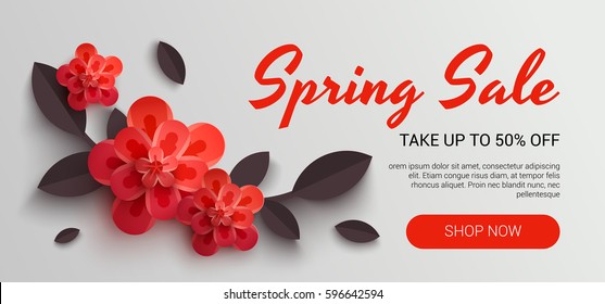 Web Wanner With Red Paper Flowers For Spring Sales.