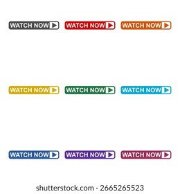 Web watch now ícone do botão isolado no fundo branco. Definir ícones coloridos