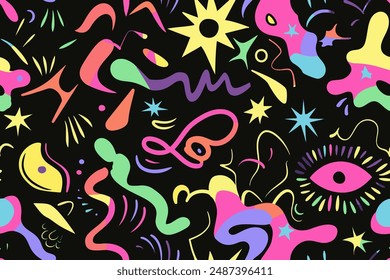 Web Wavy Swirl Trippy seamless pattern. Geometric bright color funky groovy 90s cartoon isolated print pattern. Vector illustration on black background