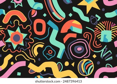 Web Wavy Swirl Trippy seamless pattern. Geometric bright color funky groovy 90s cartoon isolated print pattern. Vector illustration on black background
