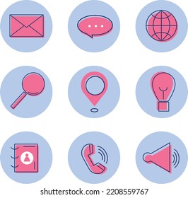 Web, sitio web, contacto, lupa, bombilla, mensaje, burbuja, icono. Icono plano del planeta globo y tierra. Objeto esférico redondeado. Conjunto de ilustraciones plano de vector