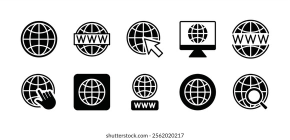 Web, website, cyberspace, internet icon vector set. Globe, earth, world, global icon symbol. Containing click arrow, searching, browser, button, site, page, blog, homepage, network