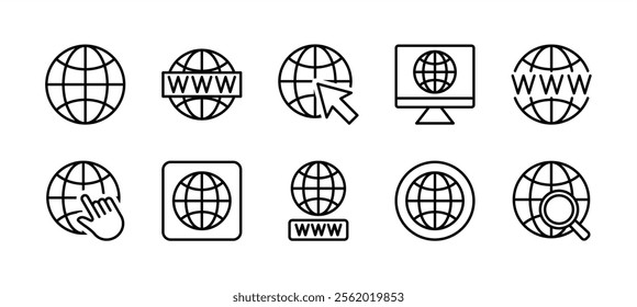 Web, website, cyberspace, internet thin line icon set. Globe, earth, world, global icon symbol. Containing click arrow, searching, browser, button, site, page, blog, homepage, network vector