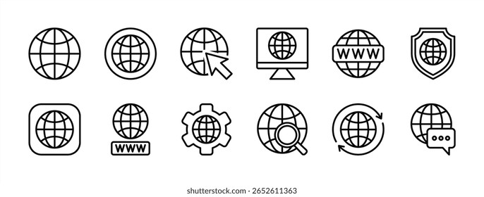 Web, conjunto de iconos de Sitio web. Contiene globo, Hacer clic en la Dirección de contacto, Botón de página, www, búsqueda, Configuraciones de Internet, protección de seguridad de escudo, medios sociales, red, en línea. Ilustración vectorial