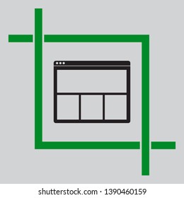 Web window sign. Black icon inside green crop tool at light gray background