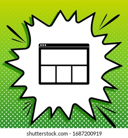 Web window sign. Black Icon on white popart Splash at green background with white spots. Illustration.