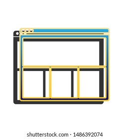 Web window sign. Blue icon with gold contour with dark gray shadow at white background. Illustration.