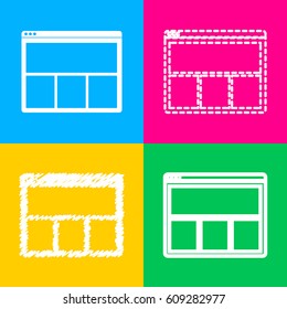 Web window sign. Four styles of icon on four color squares.