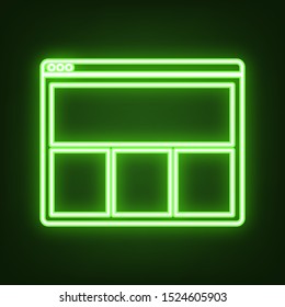 Web window sign. Green neon icon in the dark. Blurred lightening. Illustration.