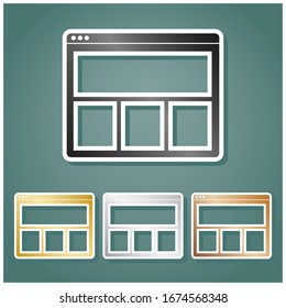 Web window sign. Set of metallic Icons with gray, gold, silver and bronze gradient with white contour and shadow at viridan background. Illustration.