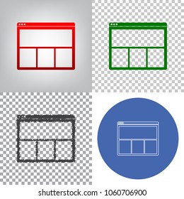 Web window sign. Vector. 4 styles. Red gradient in radial lighted background, green flat and gray scribble icons on transparent and linear one in blue circle.